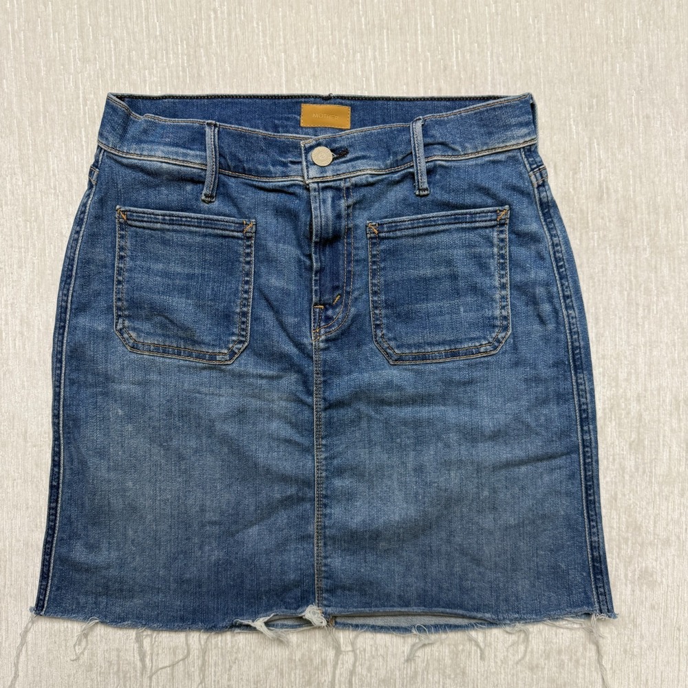 Mother Patchie Mini Skirt Womens 26 Blue Denim Cotton Stretch High Waist Raw Hem